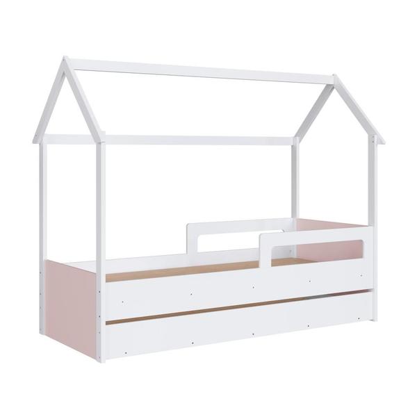 Imagem de Cama Infantil Montessoriana Bicama Casinha Solteiro Menino Menina com Proteção Lateral e Cama Auxiliar Branco com Rosa