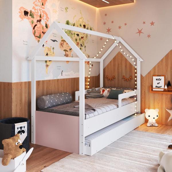 Imagem de Cama Infantil Montessoriana Bicama Casinha Solteiro Menino Menina com Proteção Lateral e Cama Auxiliar Branco com Rosa