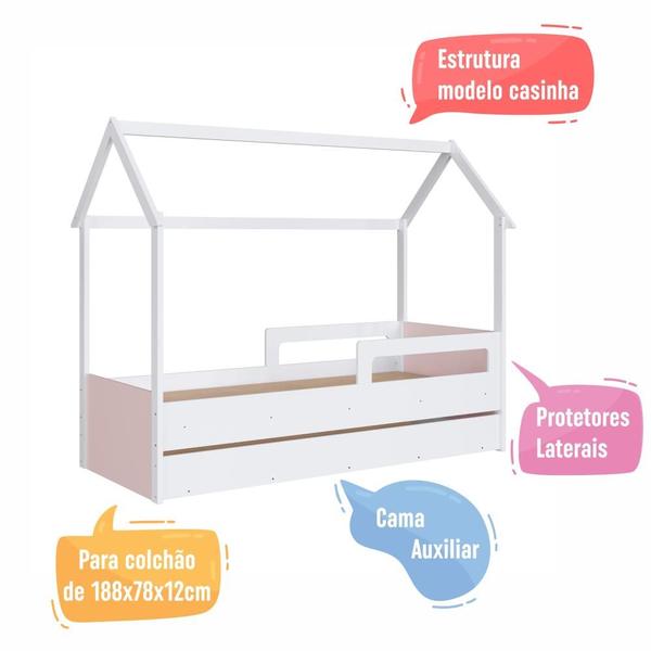 Imagem de Cama Infantil Montessoriana Bicama Casinha Solteiro Menino Menina com Proteção Lateral e Cama Auxiliar