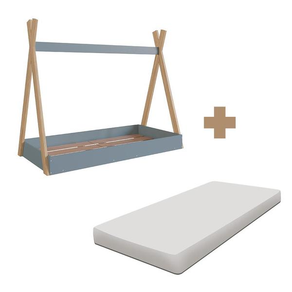 Imagem de Cama Infantil Montessoriana Cabana Com Colchão 68cm x 148cm Azul Secreto Barnaby Completa Móveis