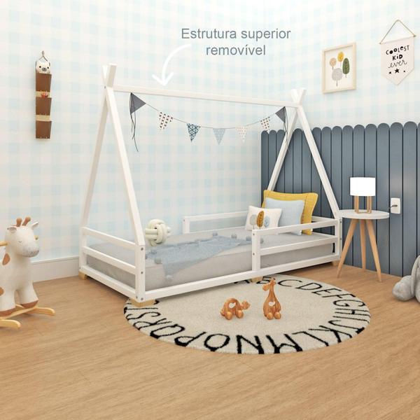 Imagem de Cama Infantil Montessoriana Cabana com Proteção em Barra e Pés Branco