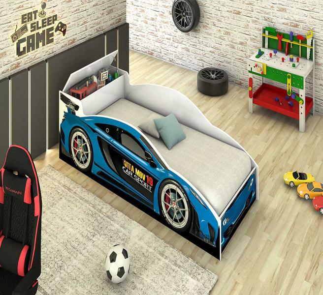 Cama Infantil Montessoriana Carro Speed Infantil Meninos Baú Brinquedos Para Criança Quarto Azul - N&E Loja Imagem de Cama Infantil Montessoriana Carro Speed Infantil Meninos Baú Brinquedos Para Criança Quarto Azul