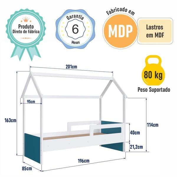 Imagem de Cama Infantil Montessoriana Casinha com Colchão Menino Menina Solteiro 196cm com Proteção Lateral Branco com Azul