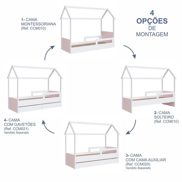 Imagem de Cama Infantil Montessoriana Casinha com Colchão Menino Menina Solteiro 196cm com Proteção Lateral Branco com Rosa