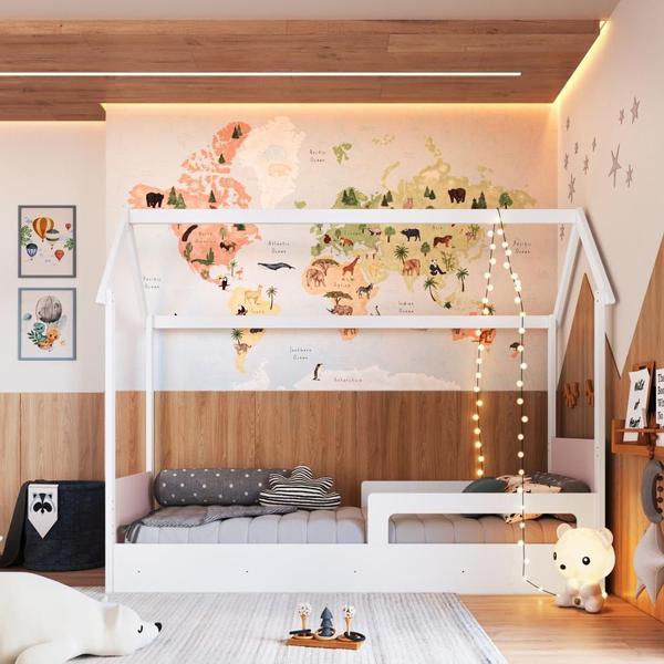 Imagem de Cama Infantil Montessoriana Casinha com Colchão Menino Menina Solteiro 196cm com Proteção Lateral Branco com Rosa