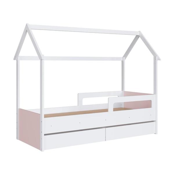 Imagem de Cama Infantil Montessoriana Casinha Completa Móveis com 2 Gavetas Branca e Rosa