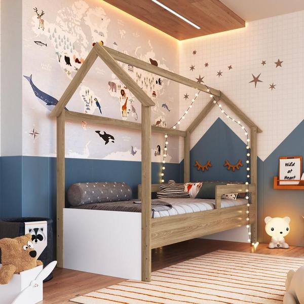 Imagem de Cama Infantil Montessoriana Casinha Completa Móveis Marrom e Branca