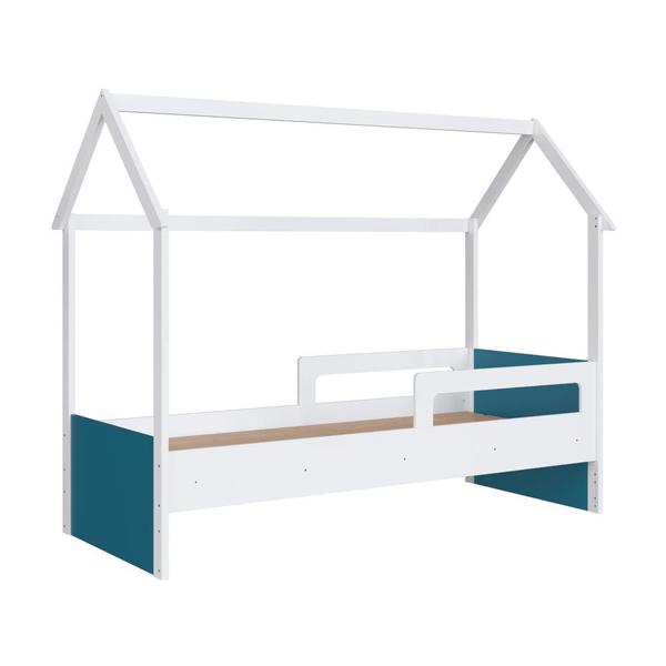 Imagem de Cama Infantil Montessoriana Casinha Menino Menina Solteiro 196cm com Proteção Lateral Branco com Azul