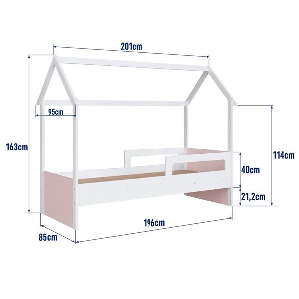 Imagem de Cama Infantil Montessoriana Casinha Menino Menina Solteiro 196cm com Proteção Lateral Branco com Rosa