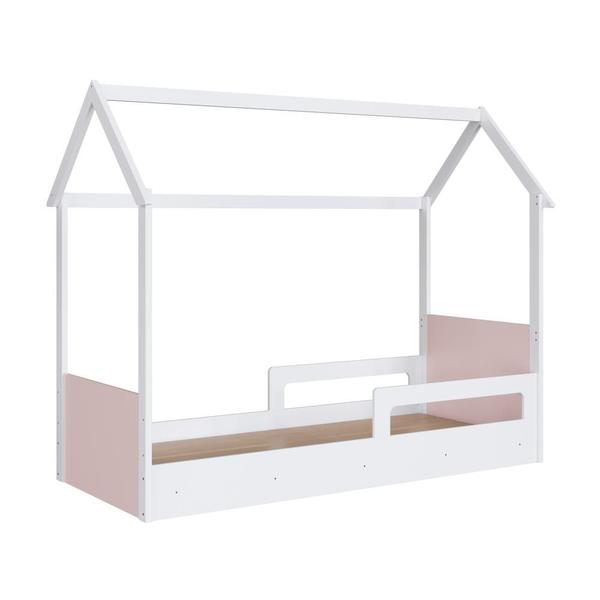 Imagem de Cama Infantil Montessoriana Casinha Menino Menina Solteiro 196cm com Proteção Lateral Branco com Rosa