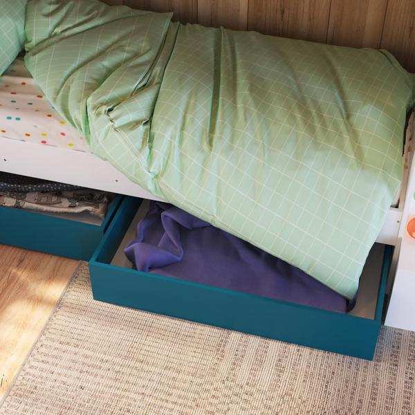 Imagem de Cama Infantil Montessoriana Casinha Solteiro Menino Menina com Proteção Lateral e Gavetas com Rodas Branco com Azul