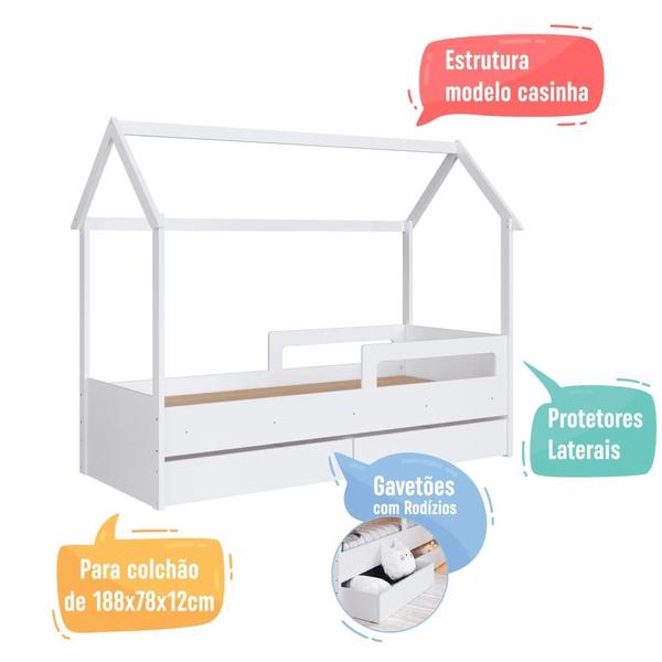 Imagem de Cama Infantil Montessoriana Casinha Solteiro Menino Menina com Proteção Lateral e Gavetas com Rodas