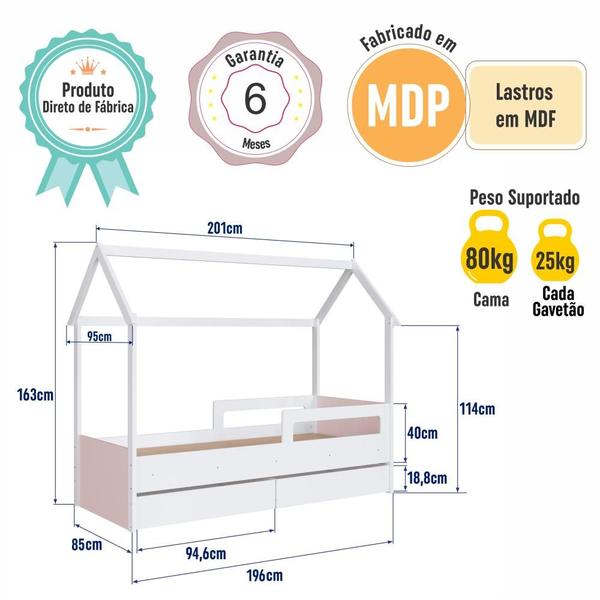 Imagem de Cama Infantil Montessoriana Casinha Solteiro Menino Menina com Proteção Lateral e Gavetas com Rodas