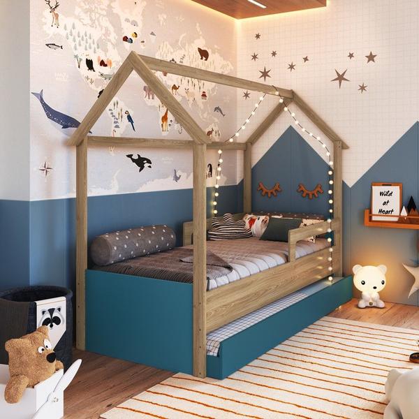 Cama Infantil Montessoriana Com Cama Auxiliar Aveiro Oak/ Azul Secreto - Completa Móveis Imagem de Cama Infantil Montessoriana Com Cama Auxiliar Aveiro Oak/ Azul Secreto - Completa Móveis