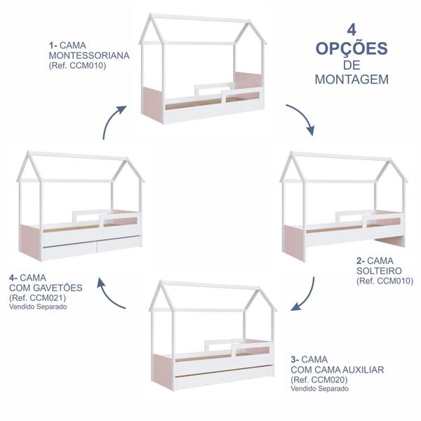 Imagem de Cama Infantil Montessoriana com Cama Auxiliar Branco e Rosa