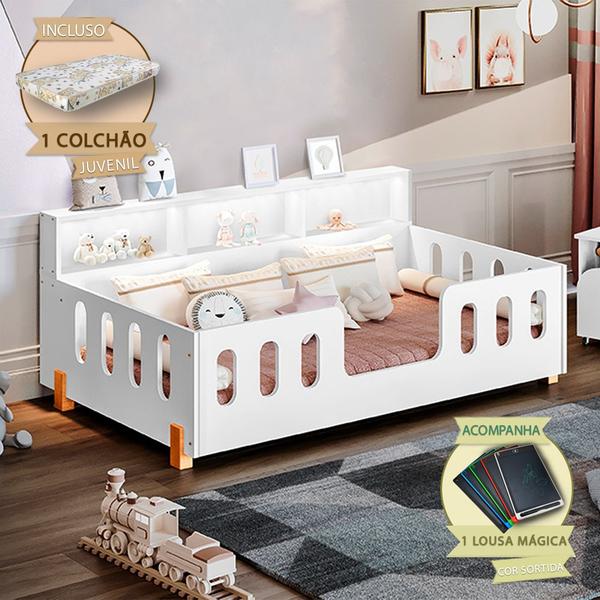 Imagem de Cama Infantil Montessoriana com Colchão Juvenil Led e Nicho Nina Branca Incluso Lousa Mágica