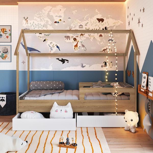 Imagem de Cama Infantil Montessoriana com Gavetas Aveiro com Branco