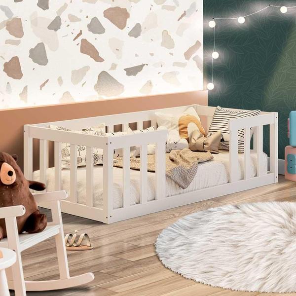 Imagem de Cama Infantil Montessoriana Com Grade De Proteção Branco Com Colchão Eler Shop Jm