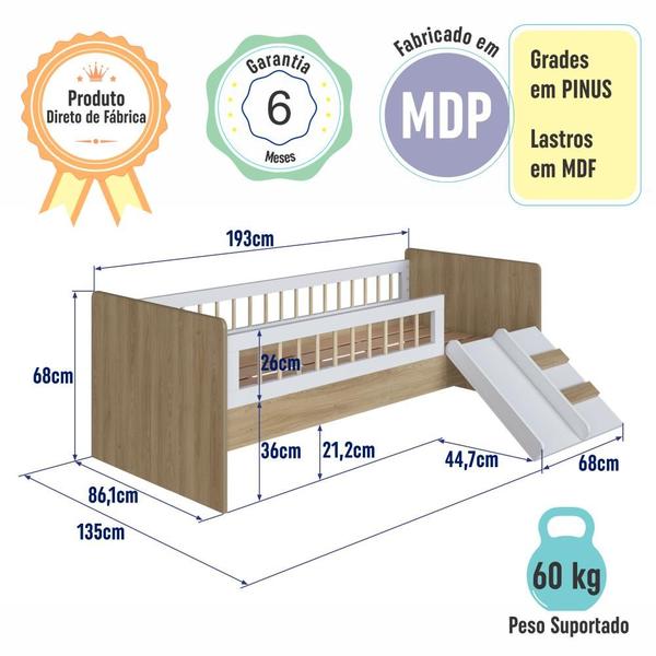 Imagem de Cama Infantil Montessoriana de Solteiro com Colchão Menino Menina 193cm com Escada, Escorregador e Grade de Proteção Aveiro com Branco