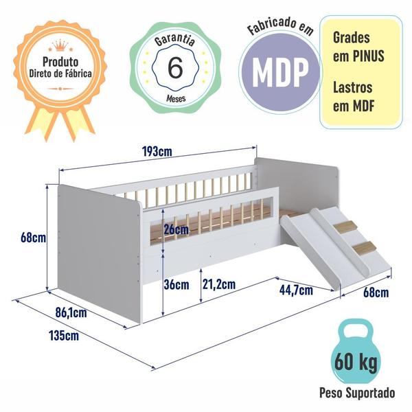 Imagem de Cama Infantil Montessoriana de Solteiro Menino Menina 193cm com Escada, Escorregador e Grade de Proteção Branca