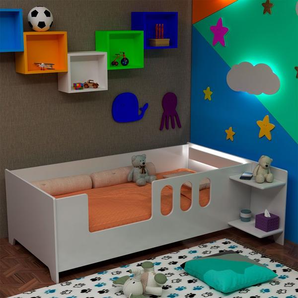 Imagem de Cama Infantil Montessoriana Livia com Led Usb Prateleiras Divaloto - Branco