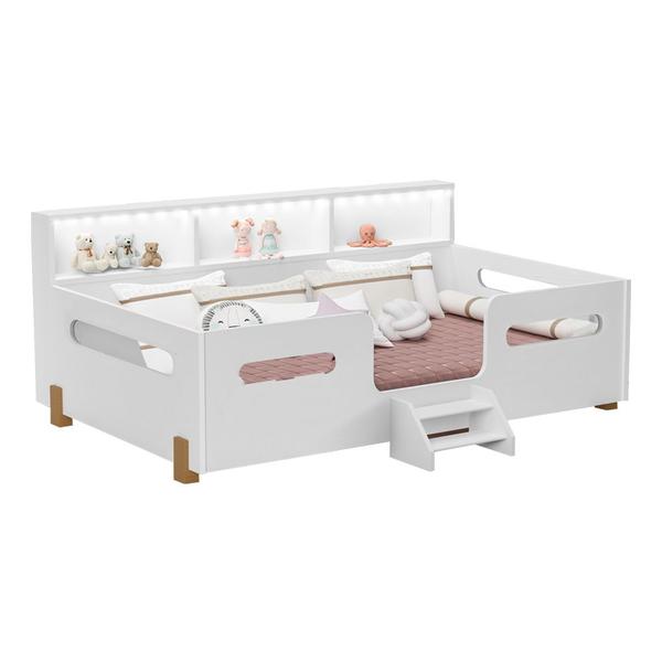 Imagem de Cama Infantil Montessoriana Mary com Escada Led e Nicho Branco/mel Acompanha Lousa Mágica