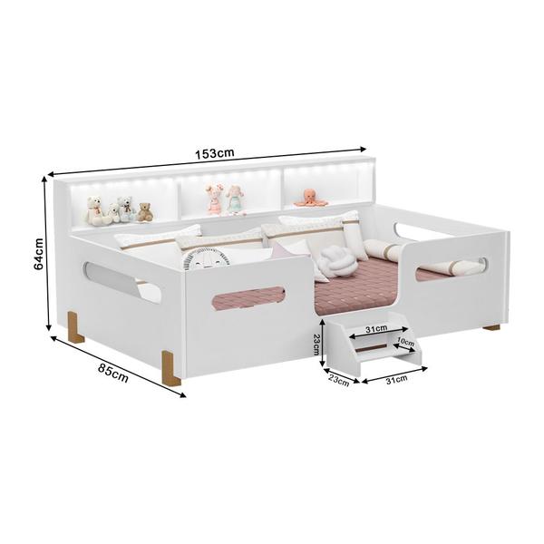 Imagem de Cama Infantil Montessoriana Mary com Escada Led e Nicho Branco/mel + Acompanha Lousa Mágica