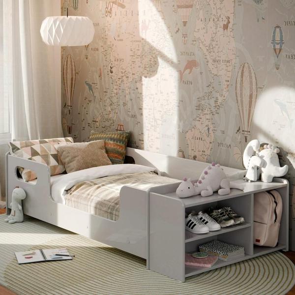 Cama Infantil Montessoriana para Quarto de Criança com Nicho e Proteção Lateral Cinza - Select Móveis Imagem de Cama Infantil Montessoriana para Quarto de Criança com Nicho e Proteção Lateral Cinza