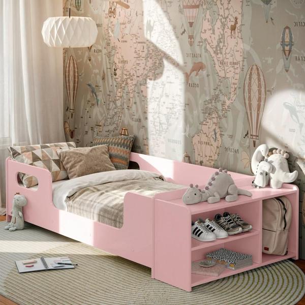 Cama Infantil Montessoriana para Quarto de Criança com Nicho e Proteção Lateral Rosa - Select Móveis Imagem de Cama Infantil Montessoriana para Quarto de Criança com Nicho e Proteção Lateral Rosa