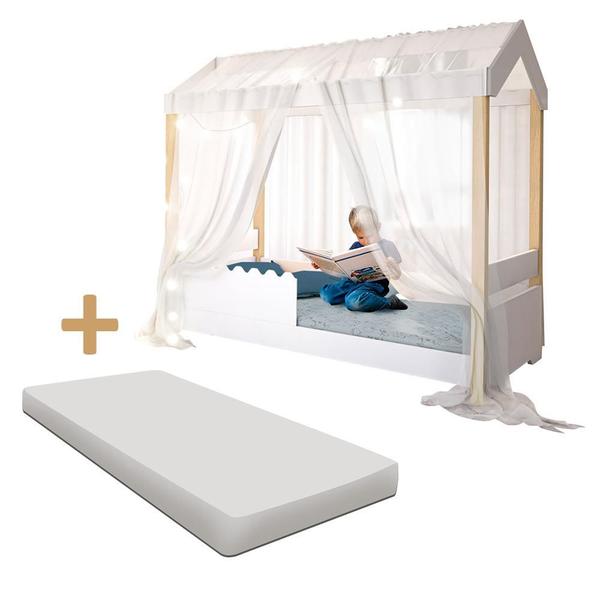 Imagem de Cama Infantil Montessoriana Solteiro Branco Com Led E Colchão E Voal Branco Divaloto