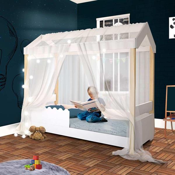 Imagem de Cama Infantil Montessoriana Solteiro Branco Com Led E Voal Branco Divaloto