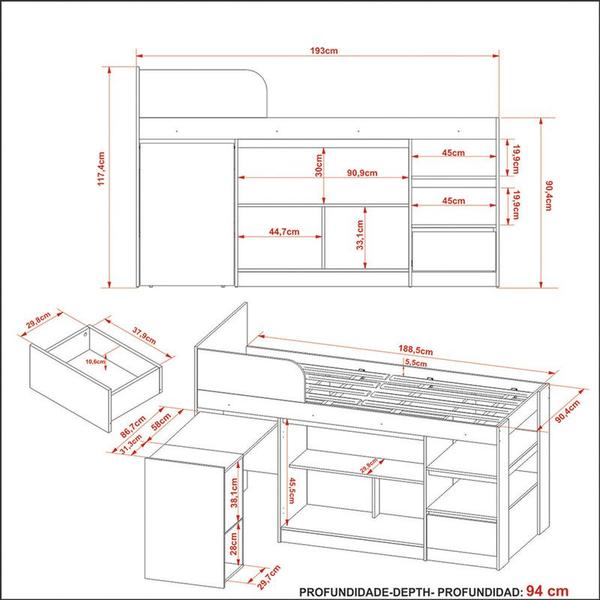 Imagem de Cama Infantil Multifuncional 193x117,5x94cm Branca