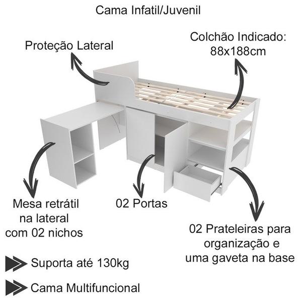 Imagem de Cama Infantil Multifuncional Com Escrivaninha CM8021 Branco Tecno Mobili