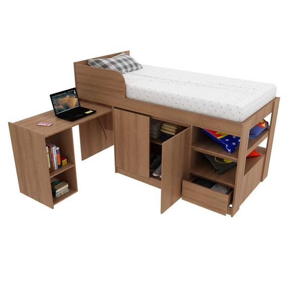 Imagem de Cama Infantil Multifuncional com Escrivaninha, Gaveta e Armários CM8021  Amêndoa Tecnomobili