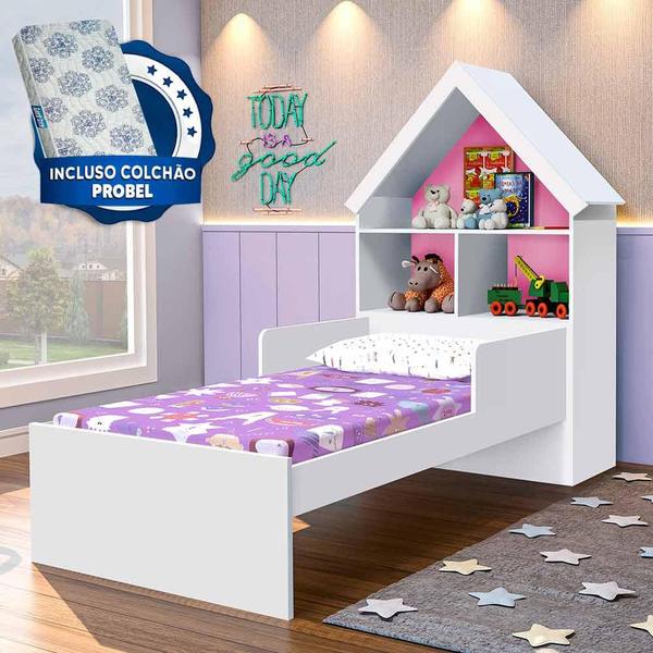 Imagem de Cama Infantil Prateleiras Casinha Branco Flex Gabrielli Com Colchão Probel Guarda Costas