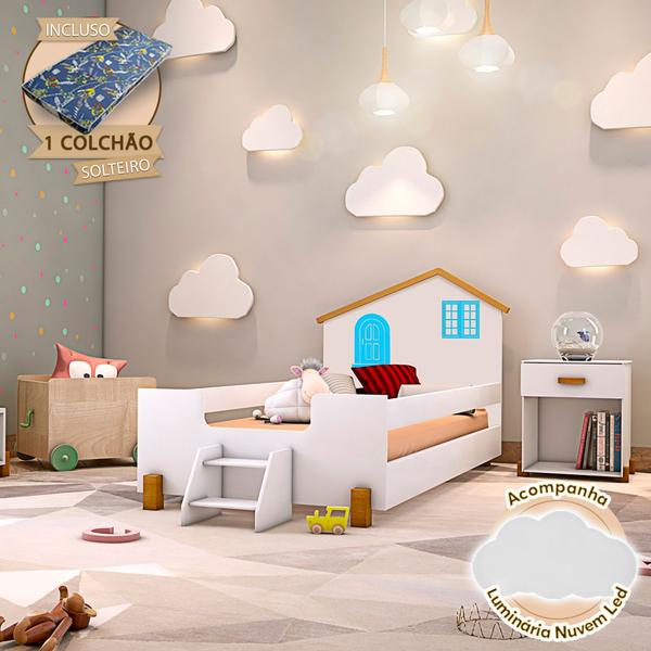 Cama Infantil Solteiro Belissima Azul - Branco e Amêndoa + Luminária Led + Colchão - BABY MOBILIA Imagem de Cama Infantil Solteiro Belissima Azul - Branco e Amêndoa + Luminária Led + Colchão