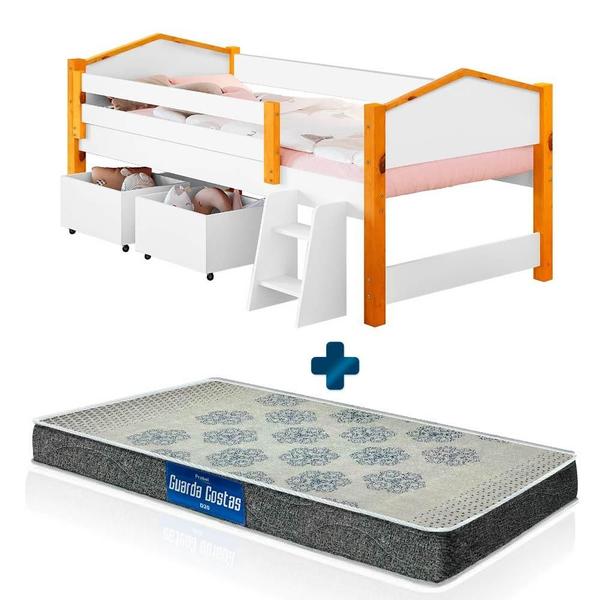 Imagem de Cama Infantil Solteiro Casinha Com Baú e Escada Branca Elza Divaloto Com Colchão Probel D20