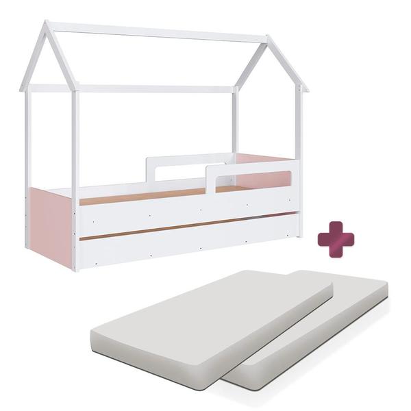 Imagem de Cama Infantil Solteiro com Colchão Auxiliar - Branco/Rosa