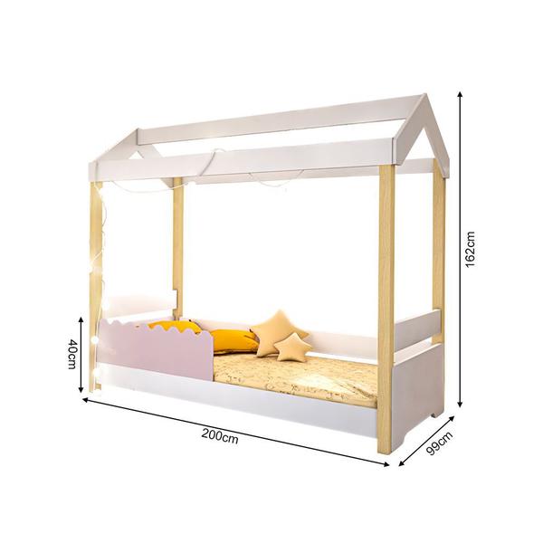 Imagem de Cama Infantil Solteiro Led Grade Rosa Jhulia - Branco e Natural + Luminária LED