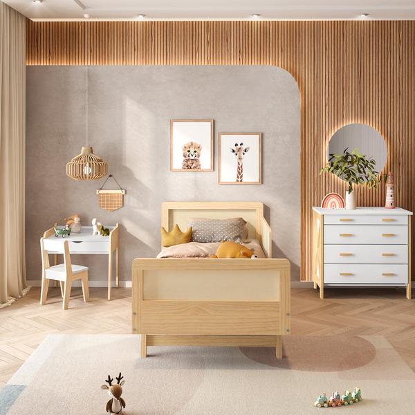 Imagem de Cama Infantil Solteiro Montessoriano Lift em Madeira Maciça com Rattan 1 Grade Casatema