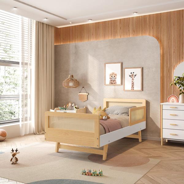 Imagem de Cama Infantil Solteiro Montessoriano Lift em Madeira Maciça com Rattan 1 Grade Casatema