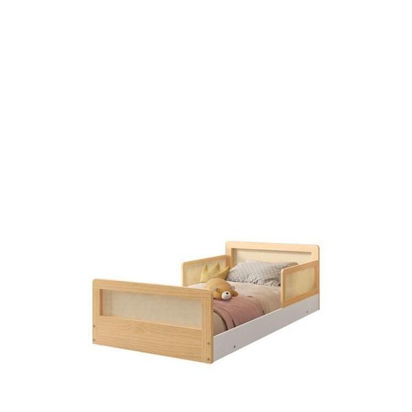 Imagem de Cama Infantil Solteiro Montessoriano Lift em Madeira Maciça com Rattan 2 Grades Casatema Branco/Natural