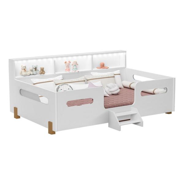 Imagem de Cama Juvenil Mary com Escada Led e Nicho + Colchão Branco/mel