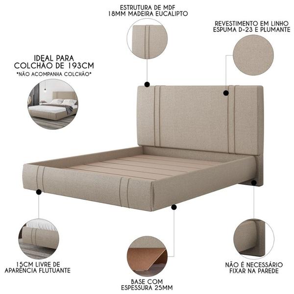 Imagem de Cama King Flutuante Com Cabeceira 195cm Lyra S05 Linho Bege - Mpozenato