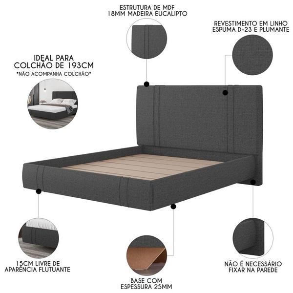 Imagem de Cama King Flutuante Com Cabeceira 195cm Lyra S05 Linho Preto - Mpozenato