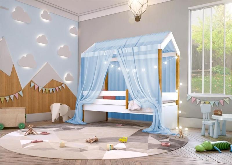 Imagem de Cama Montessori Cabana com Cordão LED Colchão e Dossel Azul