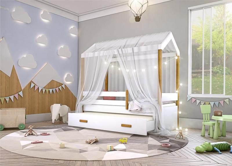 Imagem de Cama Montessori com Auxiliar Cordão LED e Dossel Branco