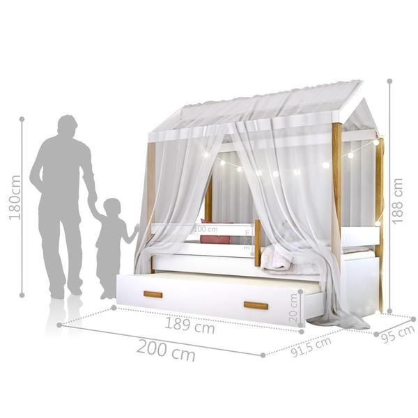Cama Montessori com Auxiliar Cordão LED e Dossel Branco - Mais de Casa Imagem de Cama Montessori com Auxiliar Cordão LED e Dossel Branco