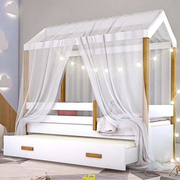 Cama Montessori com Auxiliar Cordão LED e Dossel Branco - Mais de Casa Imagem de Cama Montessori com Auxiliar Cordão LED e Dossel Branco