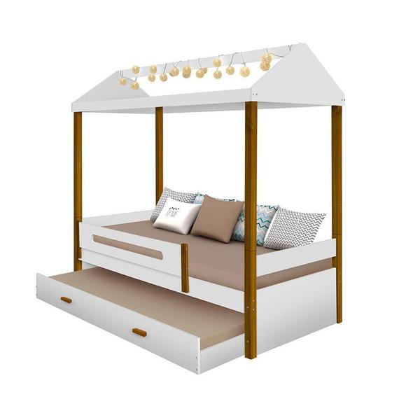 Imagem de Cama Montessoriana Casinha Com Cama Auxiliar E Led E 2 Colchões Solteiro Branca Divaloto